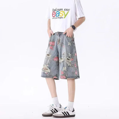 American Streetwear Washed Ripped Straight Jorts Men's Summer Floral Graphic Print Baggy Denim Shorts Hip Hop Fashion Short Jean