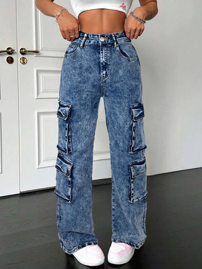 Trendy Casual Street Multi Flap Pockets Tape Elastic Waist Straight Leg Cargo Jeans Denim Pants All-Season Utility Denim Pants