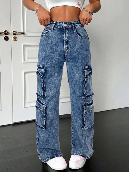 Trendy Casual Street Multi Flap Pockets Tape Elastic Waist Straight Leg Cargo Jeans Denim Pants All-Season Utility Denim Pants