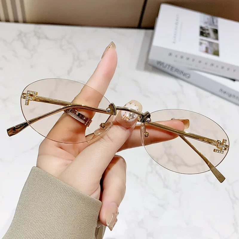 Elegant Diamond Oval Sunglasses Male Letter "F" Rimless Sunglasses  Car Sunglasses  Driving Glasses Sunglasses Women