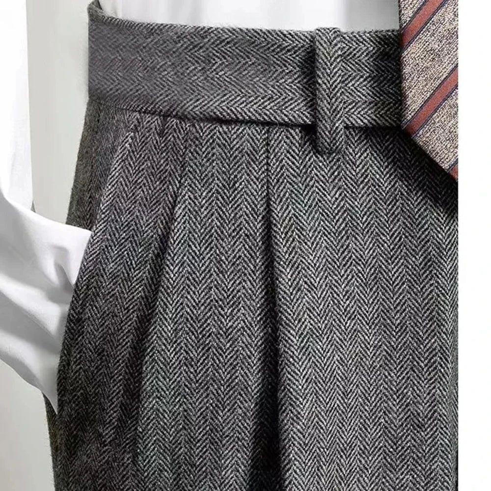 Italian Vintage Suit Pant For Men Autumn Winter Wool Herringbone Pattern Straight Trousers British Style Business Casual Pants