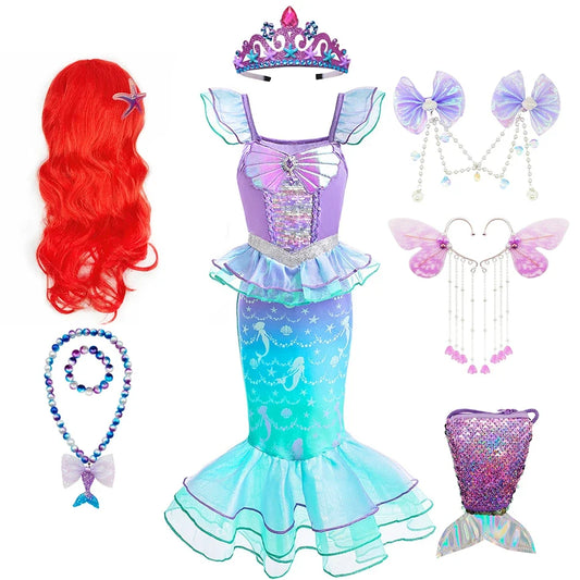 Halloween Costume Mermaid Dress Girl Ruffles Shell Fishtail Frocks Ariel Fantasy Luxury Princess Gown Children Fancy Fairy Dress
