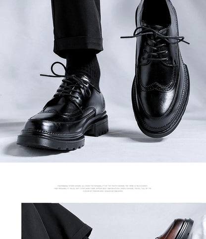 Men Korea Leather Platform Oxfords Slip on Thick Tottom for Male Derby Shoes Casual Loafers Mens Square Toe Formal Dress Shoes