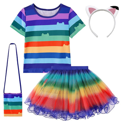 Cartoon Kids Girls Rainbow Dresses+Pants Sets Children Halloween Easter Cats Carnival Cosplay Costume Birthday Party 3-10 Year