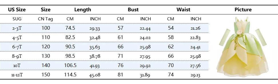 Tiana Cosplay Costume for Girls Fancy Princess Cosplay The Frog Dress Carnival Birthday Party Kids Frock Ball Gowns Clothes