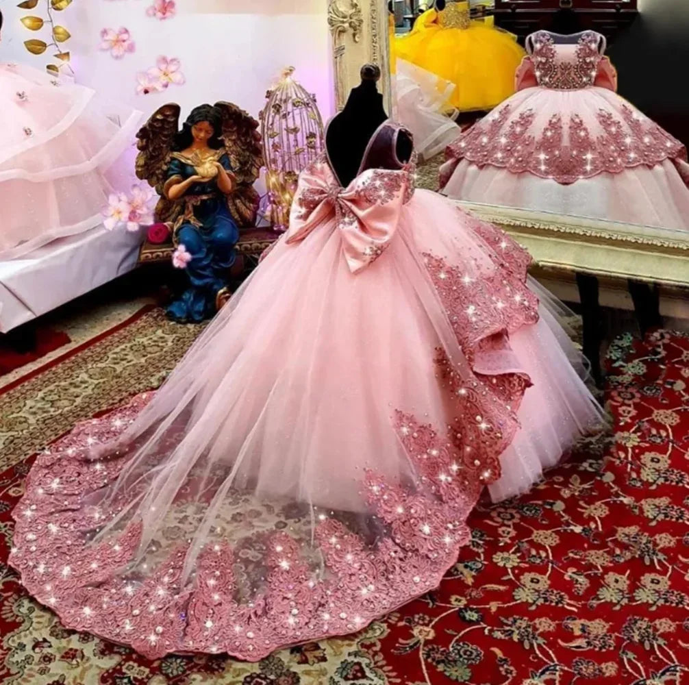 Customized Flower Girl Dress for Wedding Suspenders with Bow Satin Ball Gown Kids Birthday First Communion Party Dress