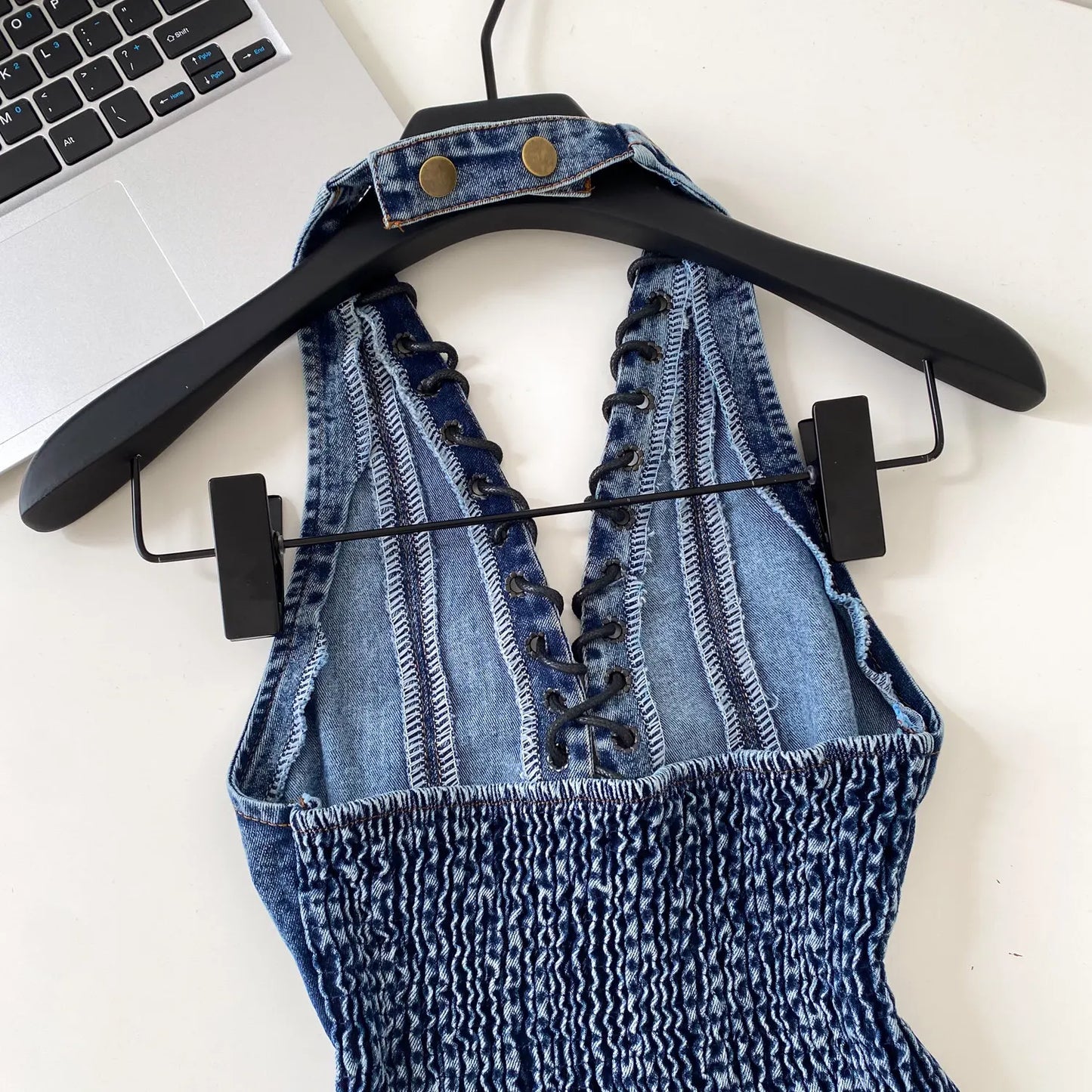 Night Club Denim Camis Female Summer Backless V Neck Lace Up Shirred Retro Halter Top Y2K Hot Girl Streetwear Tank Top