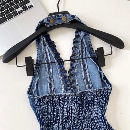 Night Club Denim Camis Female Summer Backless V Neck Lace Up Shirred Retro Halter Top Y2K Hot Girl Streetwear Tank Top