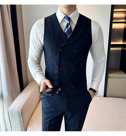 ( Vest + Pants) Men's Double-breasted Suit Vest 2 Pieces Set High Quality Business Casual Fashion Groom Wedding Dress Vest Sets