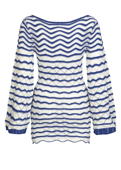 Reto Blue Striped Bell Sleeve Knit Dress Sexy V-neck Cut Out 2025 Summer Women Seaside Holiday Mini A-Line Dresses K123