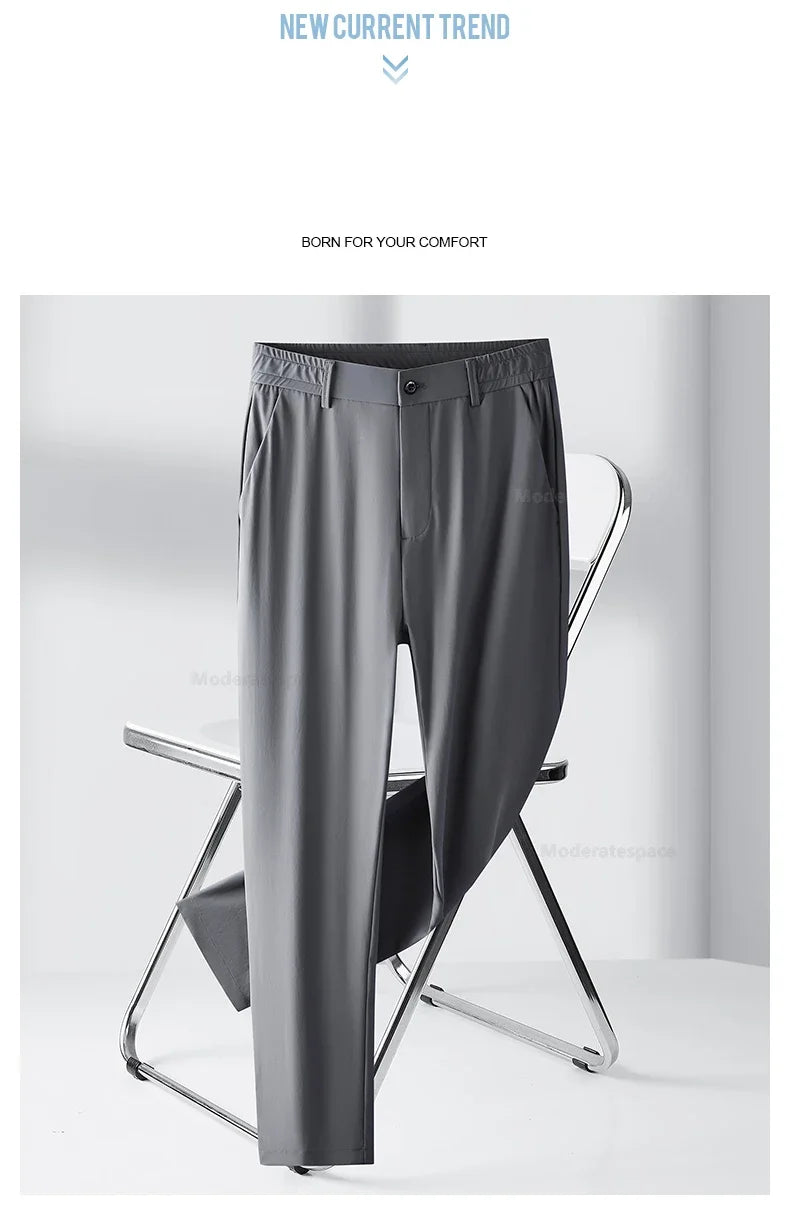 Summer Ultra-thin Casual Pants Men's High Elastic Quick-drying Ice Silk Straight Business Formal Casual Trousers Black Gray