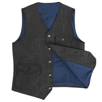 Men Vest Dark Green Herringbone Single Button V Neck Pocket Waistcoat For Wedding Party Business Work Daily Casual Men Suit Vest