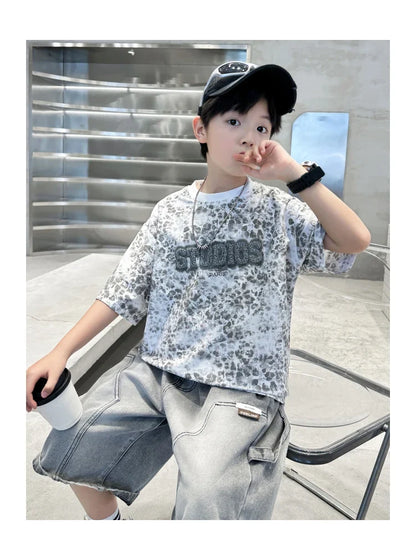 Baby Child Summer Cotton Suit With Shorts for Boy Leopard Print T-shirt + Denim Shorts Top and Bottom Clothes Set For Kids 2-14Y
