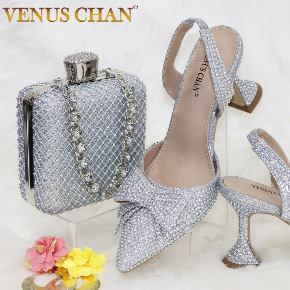 New Silver Simple And Comfortable Streamlined Pointed Shoes Fashionable And Versatile Party Ladies Shoes And Bag Set