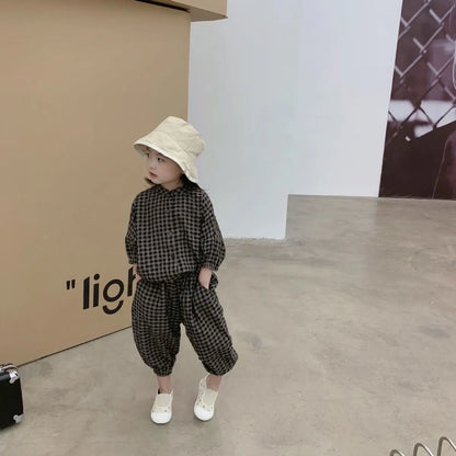 Kid Girls Korean Style Cotton Linen Suits Spring Autumn 2026 New Summer Baby Girl Fashion Casual Plaid 7-point Sleeve 2pcs Sets