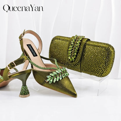 2026 New Shiny Italian Fashion Pointed Toe Women Heel Fashion Rhinestone Decoration Pink Color Shoes And Bag Set