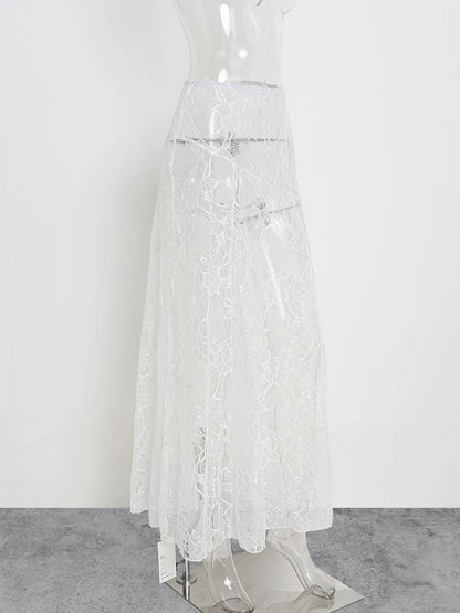 Lace Jacquard Transperant Skirt Women Summer New High Waist Sexy Casual Long Skirts 2025 Streetwear Fashion White Maxi Skirt