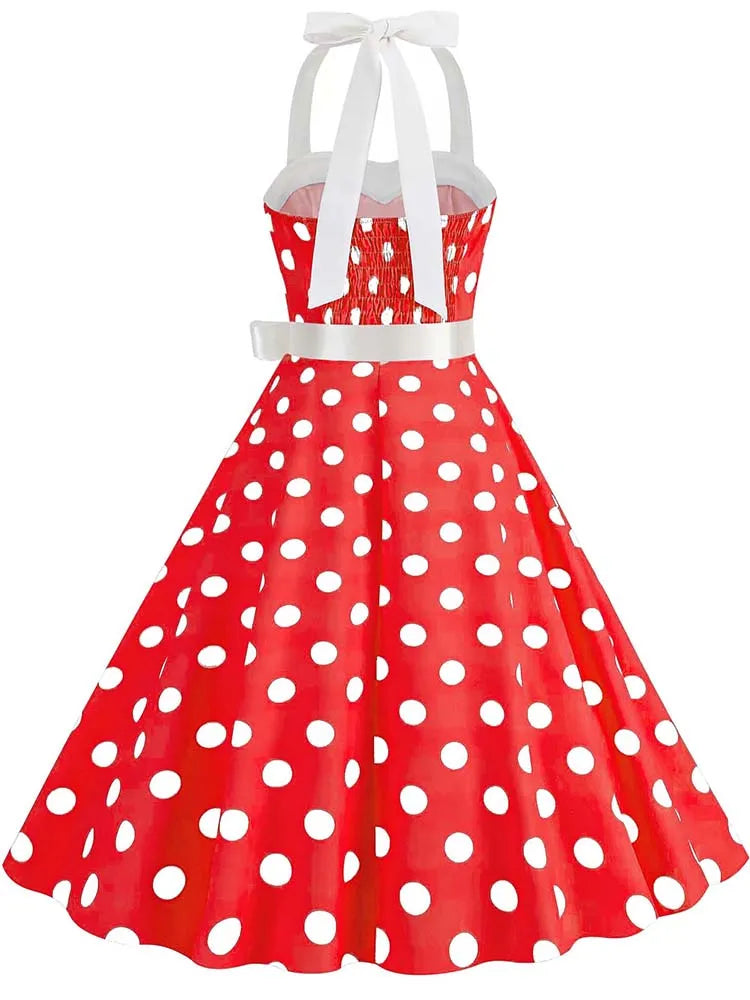 Women Summer Party Dress With Belt Polka Dot Print Halter Hepburn Robe 50s 60s Vintage Dresses