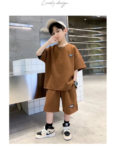 Summer Casual Boys Jacquard Loose T-Shirt Tops+Shorts Pant School Kids 2PCS Tracksuit Child Outfits Student Workout Set 3-14 Yr