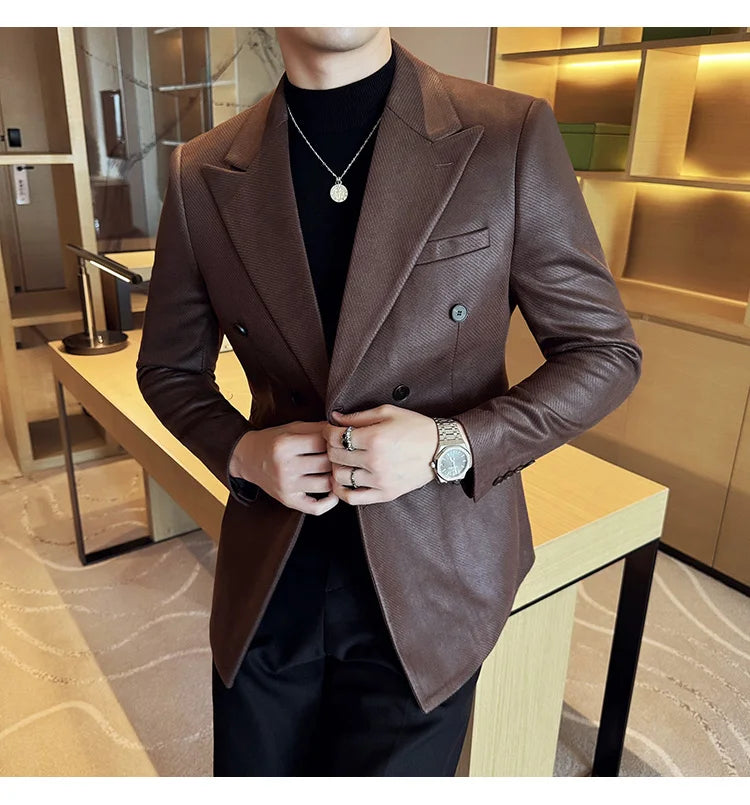High Quality Men Double Breasted Blazer Suede Gilded Twill Slim Fit Business Social Formal Suit Jacket Tailcoats Men Clothes