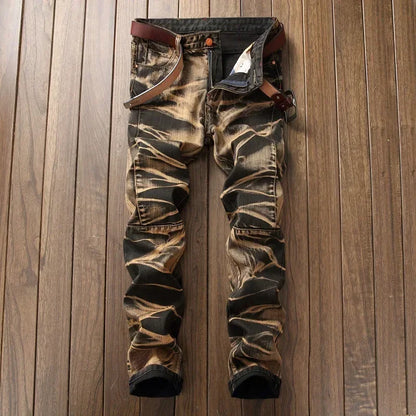 2026 Men's Fashion Vintage Jeans Slim Straight Leg Tie Dye Pleated Biker Denim Pants Male Casual Pants Oversized 42 High Quality