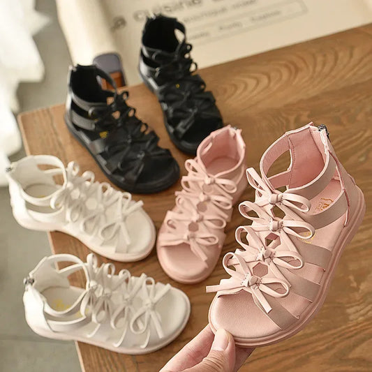 Gladiator Children Sandals for Girls 2025 Breathable Summer Girl Roman Shoes Boots Black Pink Beige Party Student Sandal I06095