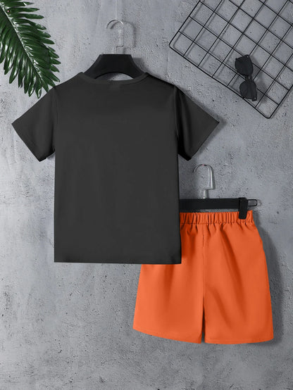Summer Big Kids 2pcs Set Hawaii Beach Coconut Tree Letter Print Knitted Loose Short Sleeve with Workwear Shorts Ensemble