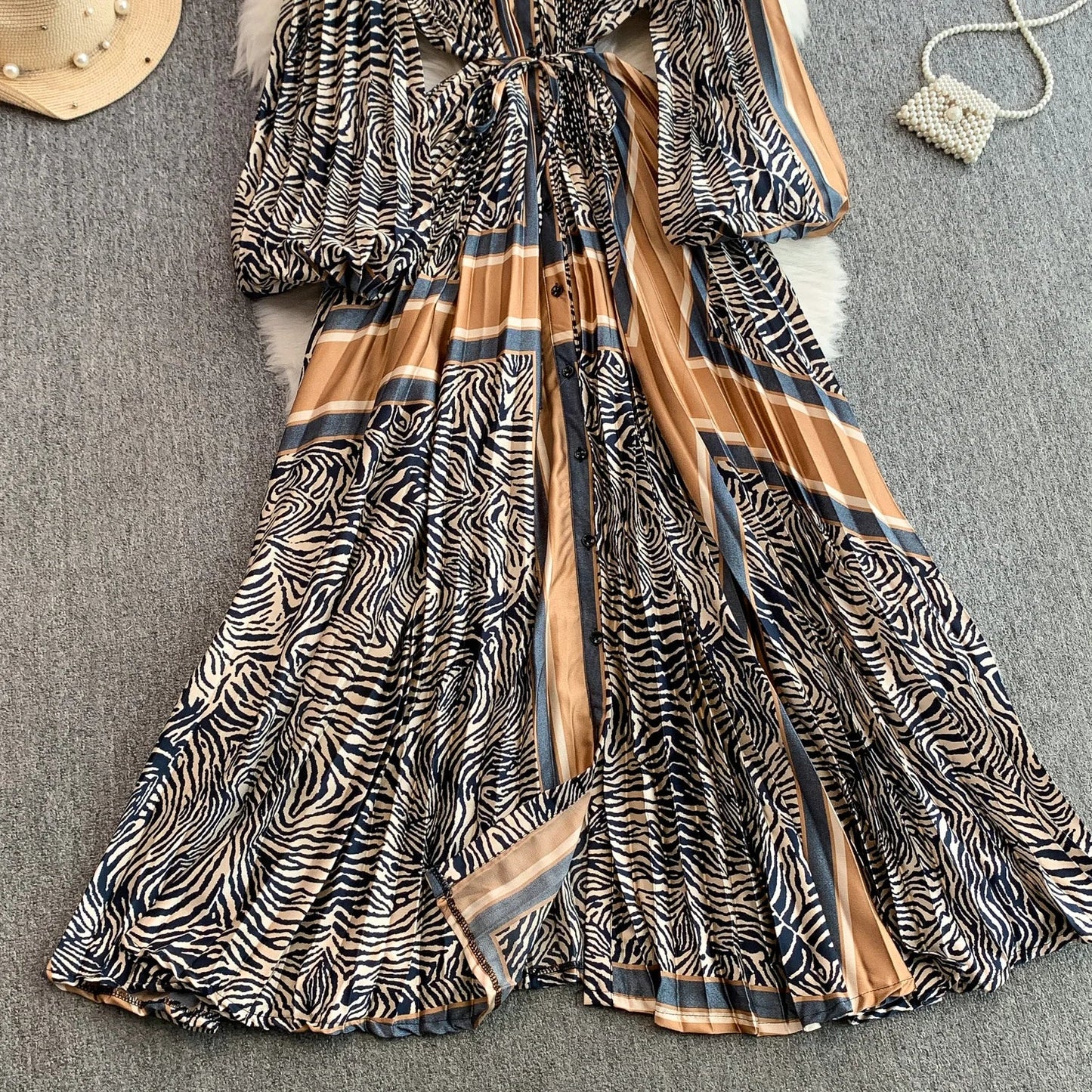 Ele Printed round Ne Lantern Sve Dr Women's Single Button Waist Cinch Maxi Skirt Long Dr Commute Sle Autumn