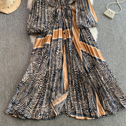 Ele Printed round Ne Lantern Sve Dr Women's Single Button Waist Cinch Maxi Skirt Long Dr Commute Sle Autumn