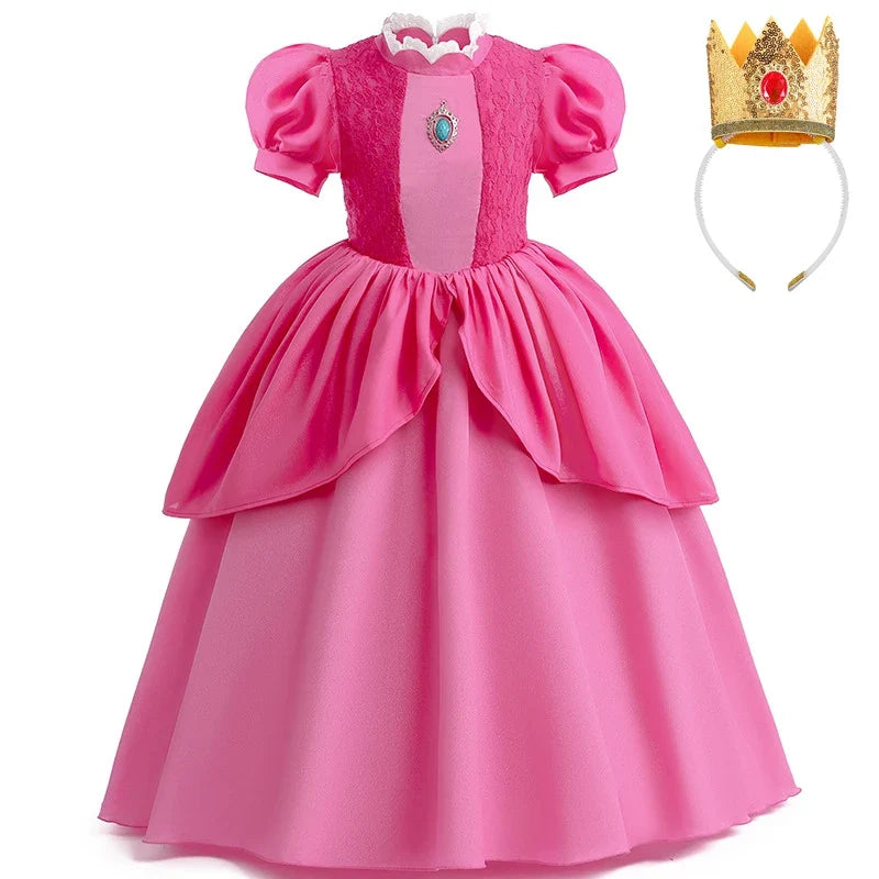 Princess Peach Chiffon Lace Girls Cosplay Dress Baby Kids Vestidos Party Dresses Carnival Halloween Costume for 3-11 years