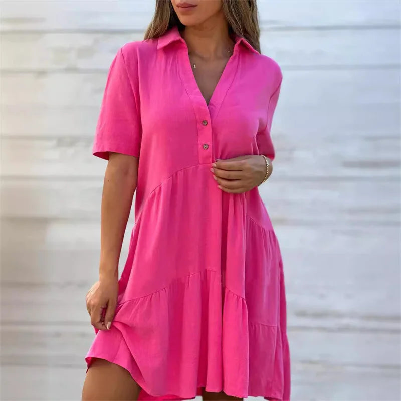 Women Cotton Linen Solid Color Dresses Lapel Button Patchwork Dress Summer Casual Commuter High Waist Short Sleeves Female Gown