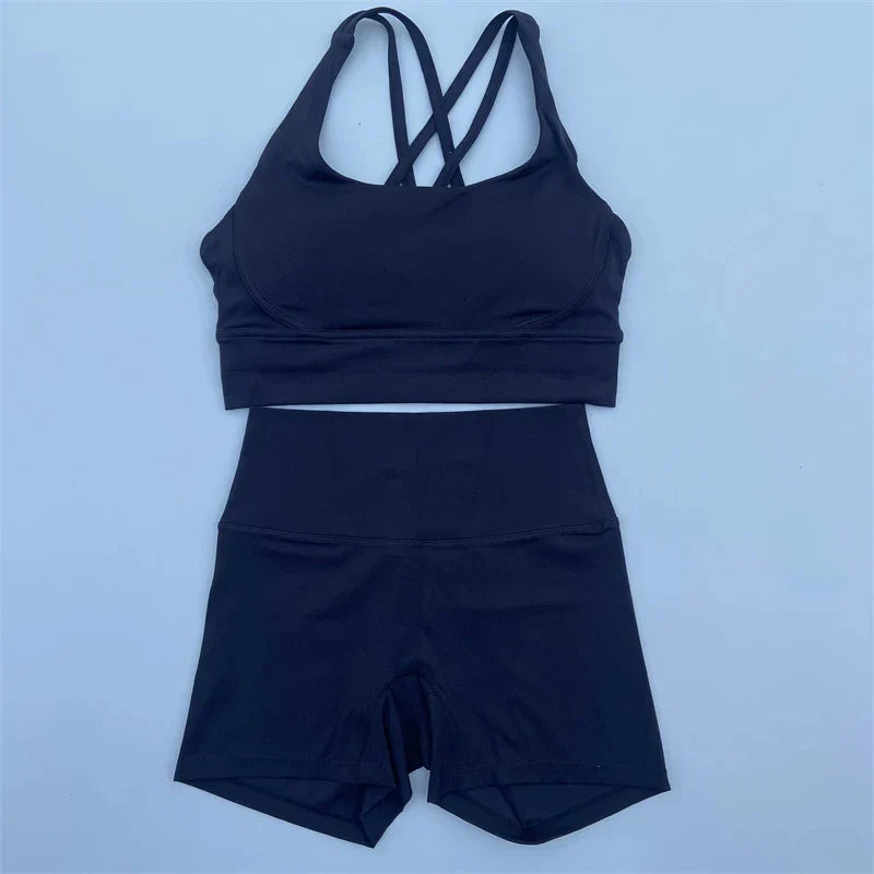 Solid Color soft gym Yoga Set short Legging +cross sport bra Tracksuit  Women Gym Suit Comprehensive Training Jogging Athletic