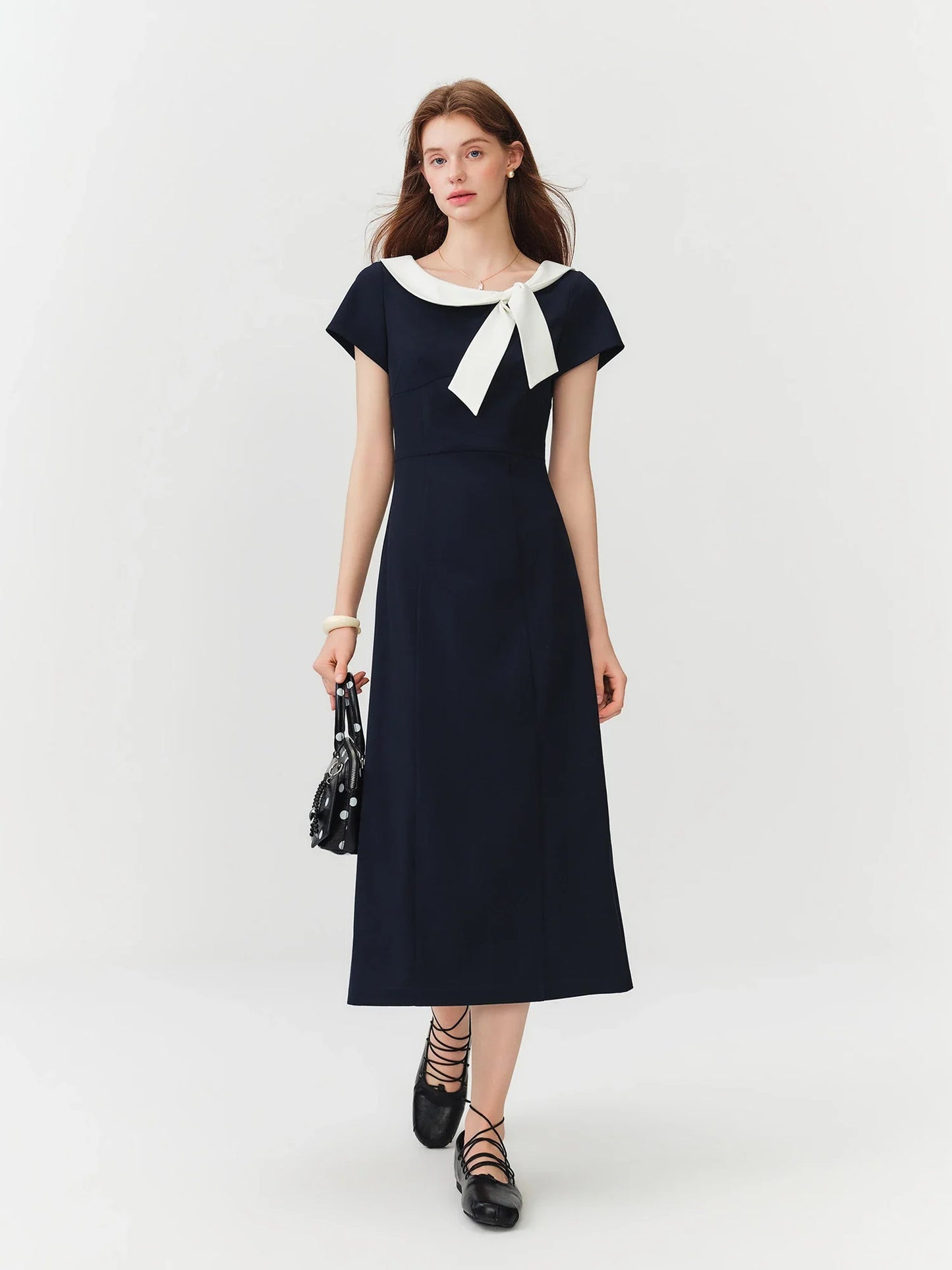 Women Sailor Collar Contrast Bow Belt Midi Dress Waist-Cinching V-Neck French Coquette Chic Elegant Style