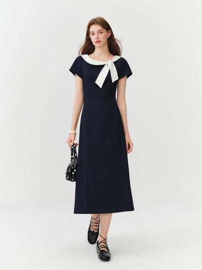 Women Sailor Collar Contrast Bow Belt Midi Dress Waist-Cinching V-Neck French Coquette Chic Elegant Style
