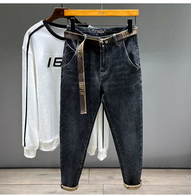 Tapered Jeans for Men's Clothing Autumn New Fashion Embroidered Korean Harem Pants Casual Stretch Black Denim Trousers