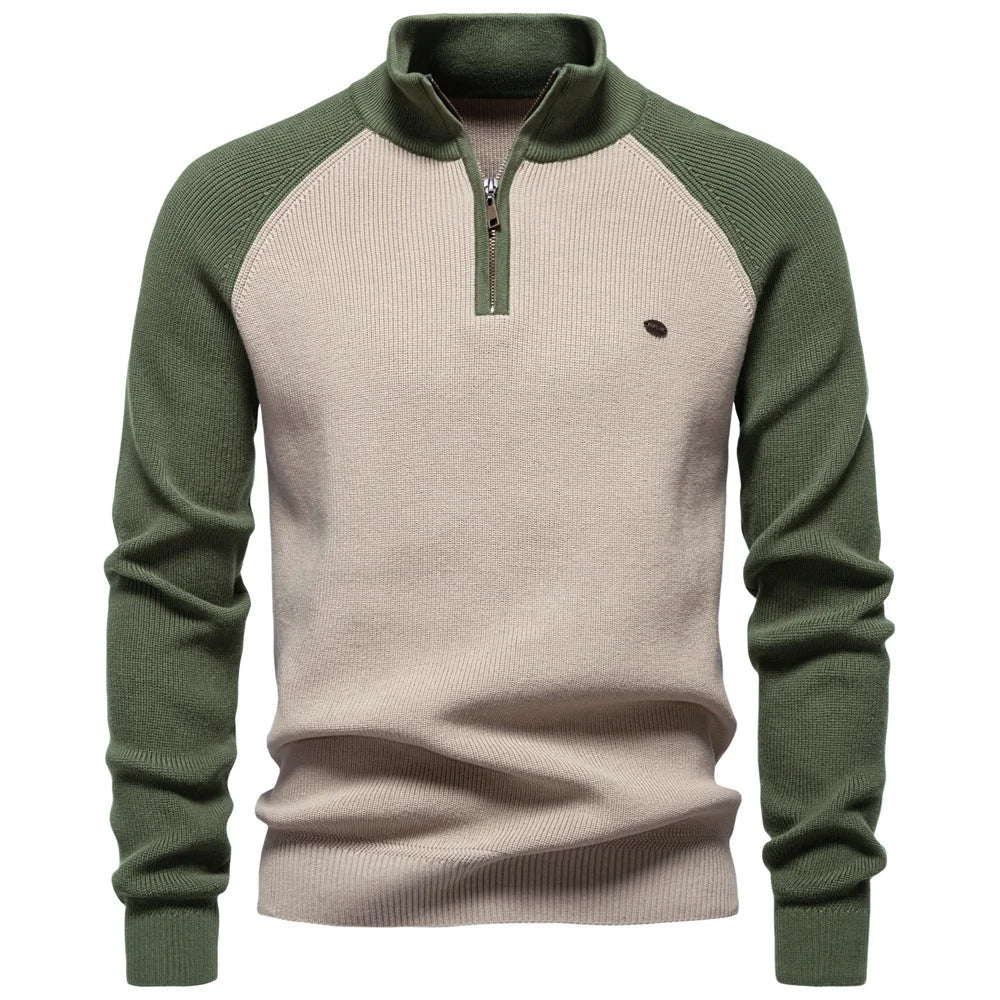 Men's Cotton Mock Neck Pullover Sweater Stand Collar Quarter Zipper Warm Casual Autumn Winter Social Sweater