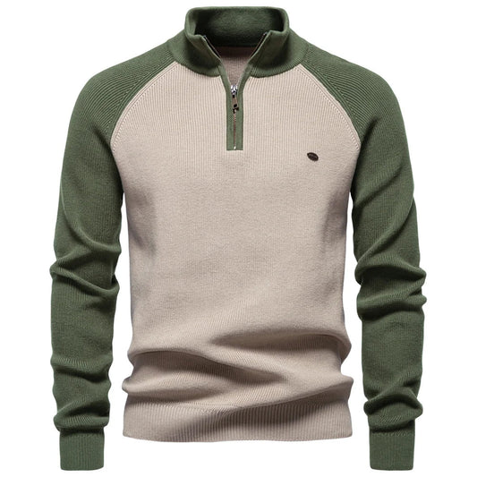 Men's Cotton Mock Neck Pullover Sweater Stand Collar Quarter Zipper Warm Casual Autumn Winter Social Sweater