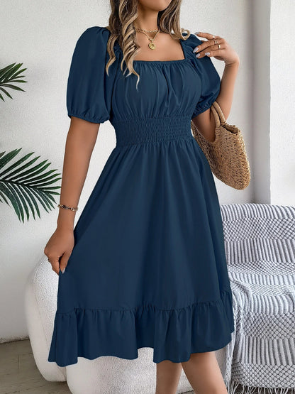 Spring Summer Elegant High Waisted Dress Square Neck Short Sleeved Ruffled Edge Long Dresses 2026 Valentine's Day Woman Clothing
