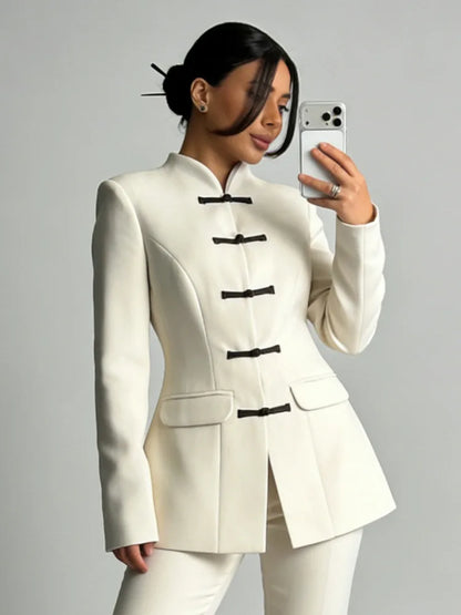 Women's Spring Summer Mandarin Collar Frog Button Tweed Fitted Blazer Elegant Casual Office Wear 2026 Trendy Fashion Blazer