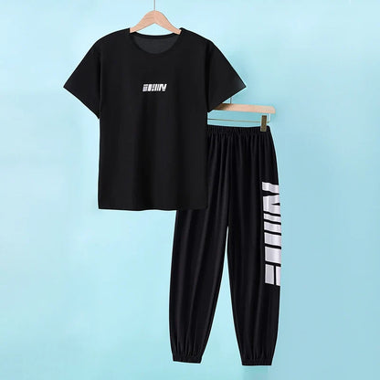 2-pcs Summer Youth Fashion Letter Set 13-16 Year Old Boys and Girls Simple and Versatile Letter Short Sleeve T-shirt Black Pants