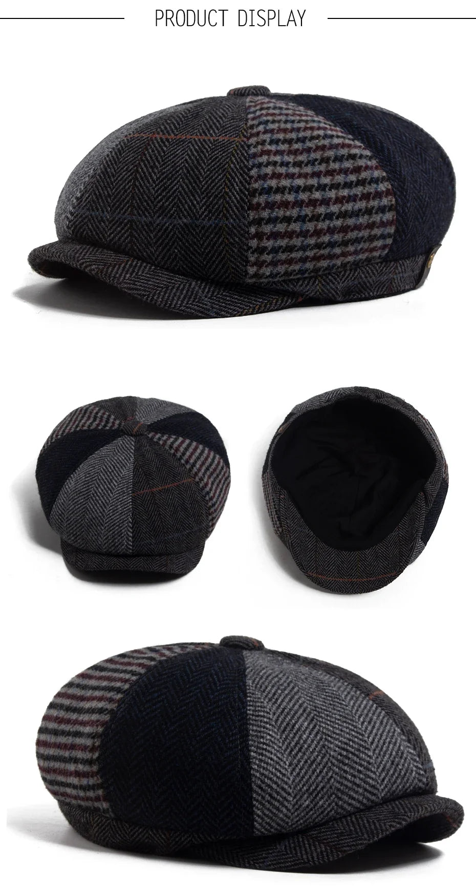 Vintage Newsboy Cap Men Herringbone Plaid Patchwork Pattern Women Beret Autumn Winter Warm Male Flat Caps Octagonal Hat Elastic