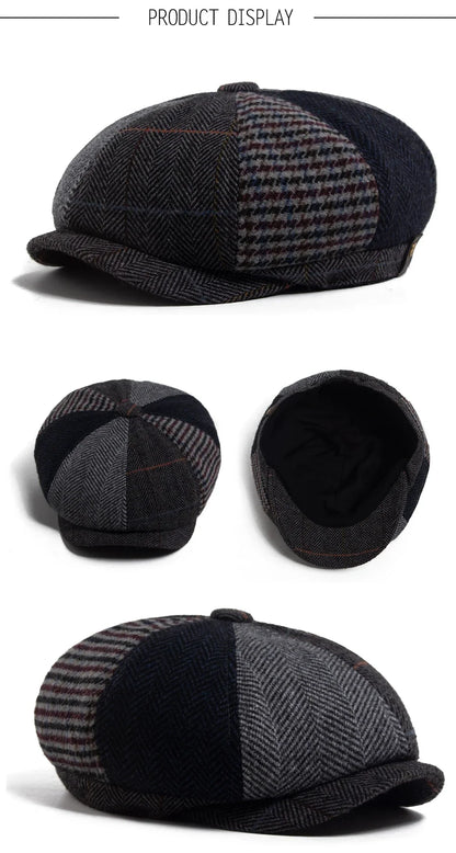 Vintage Newsboy Cap Men Herringbone Plaid Patchwork Pattern Women Beret Autumn Winter Warm Male Flat Caps Octagonal Hat Elastic