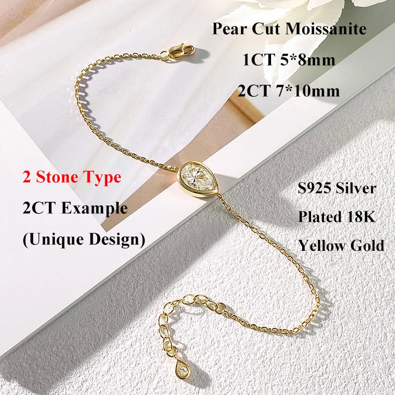 1/2CT Marquise Pear Cut Moissanite Solitaire Link Bracelet Women s925 Silver Bezel Setting Lab Diamond Bridal Wrist Chain