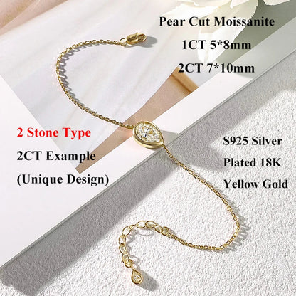 1/2CT Marquise Pear Cut Moissanite Solitaire Link Bracelet Women s925 Silver Bezel Setting Lab Diamond Bridal Wrist Chain