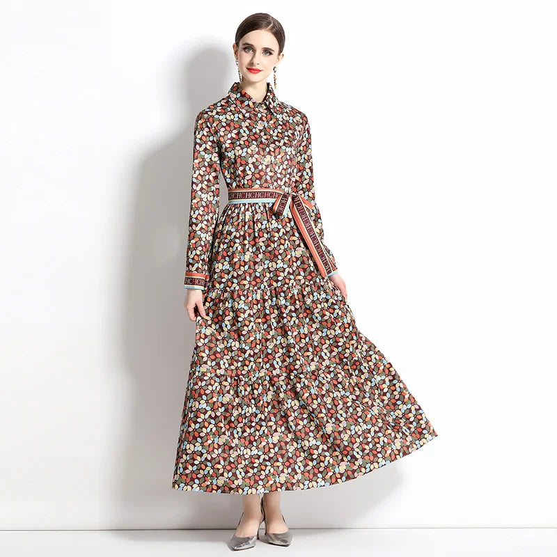 2024 Autumn New Women's European and American Versatile Waist and Slimming Letter Positioning Printed Dress A-line Long Dress