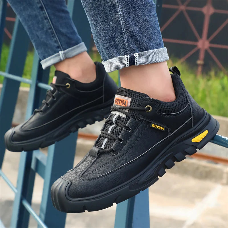 Black Leather Work Safety Shoes Waterproof Indestructible Steel Toe Cap Labor Shoes For Men Breathable Anti Smashing Sneakers