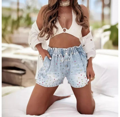 Denim Shorts for Women Streetwear Fashionable and Casual Rhinestone Versatile Y2k Cowboy Half Pants for Female Summer 2024 New
