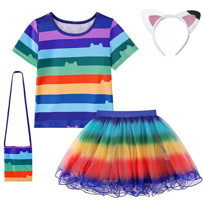 Carnival Party Children Black And White Stripe T-Shirt+Skirt+Bag Sets Kids Cartoon Cats Cosplay Costume Party Outfits 4-8Y