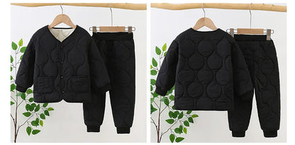 Autumn Winter Baby Kids Jackets+Pants Sets Thicken Boys Girls Coat Trousers Warm Windproof Clothes Suit For Children Home Wear