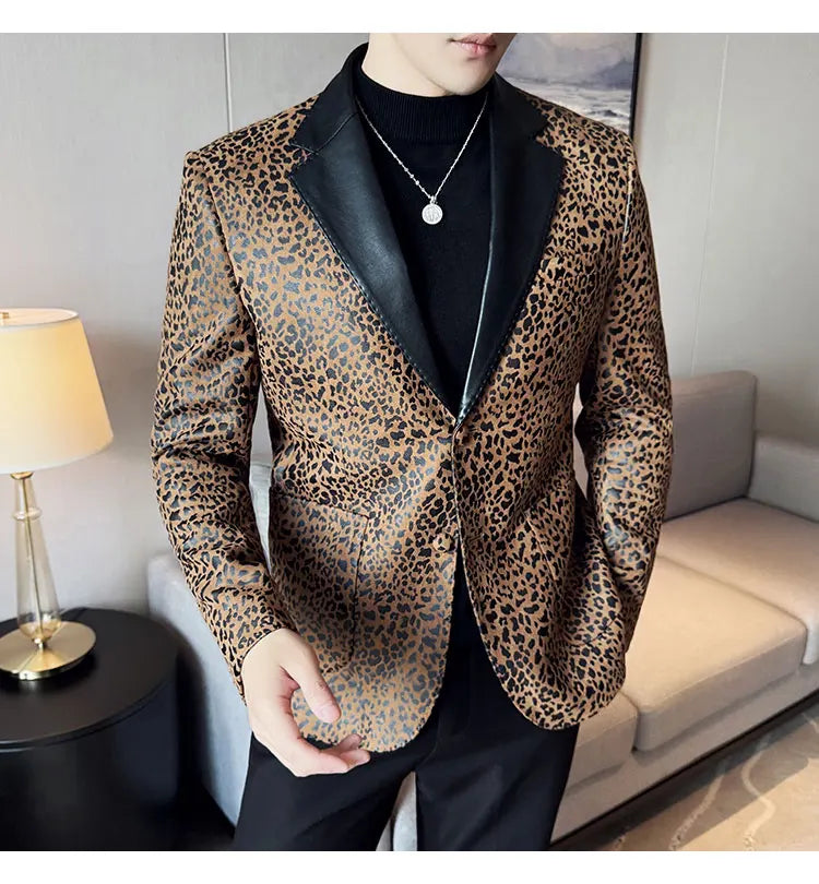 Splicing Leather Neck Casual Suit Jacket Fashion Leopard Men's Business Slim Fit Social Formal Blazers Wedding Groom Tuxedos
